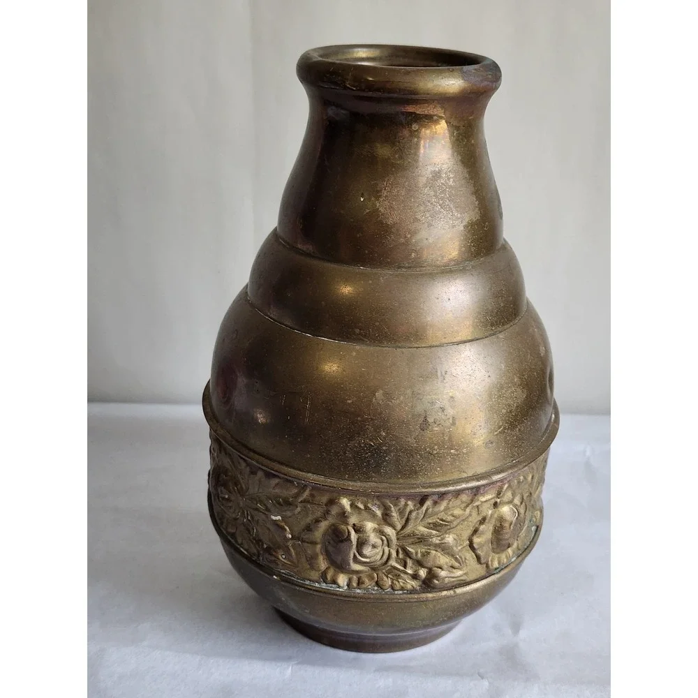 Vintage Brass Beehive Vase Embossed Floral Rose Band Tiered Bud Vase Patina